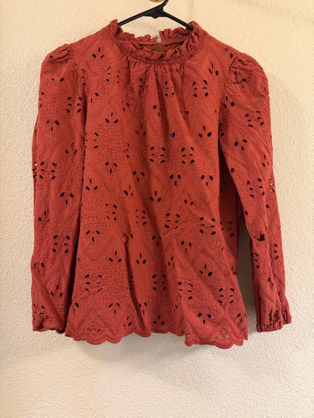 Eyelet Long-Sleeve Blouse — Brick Red